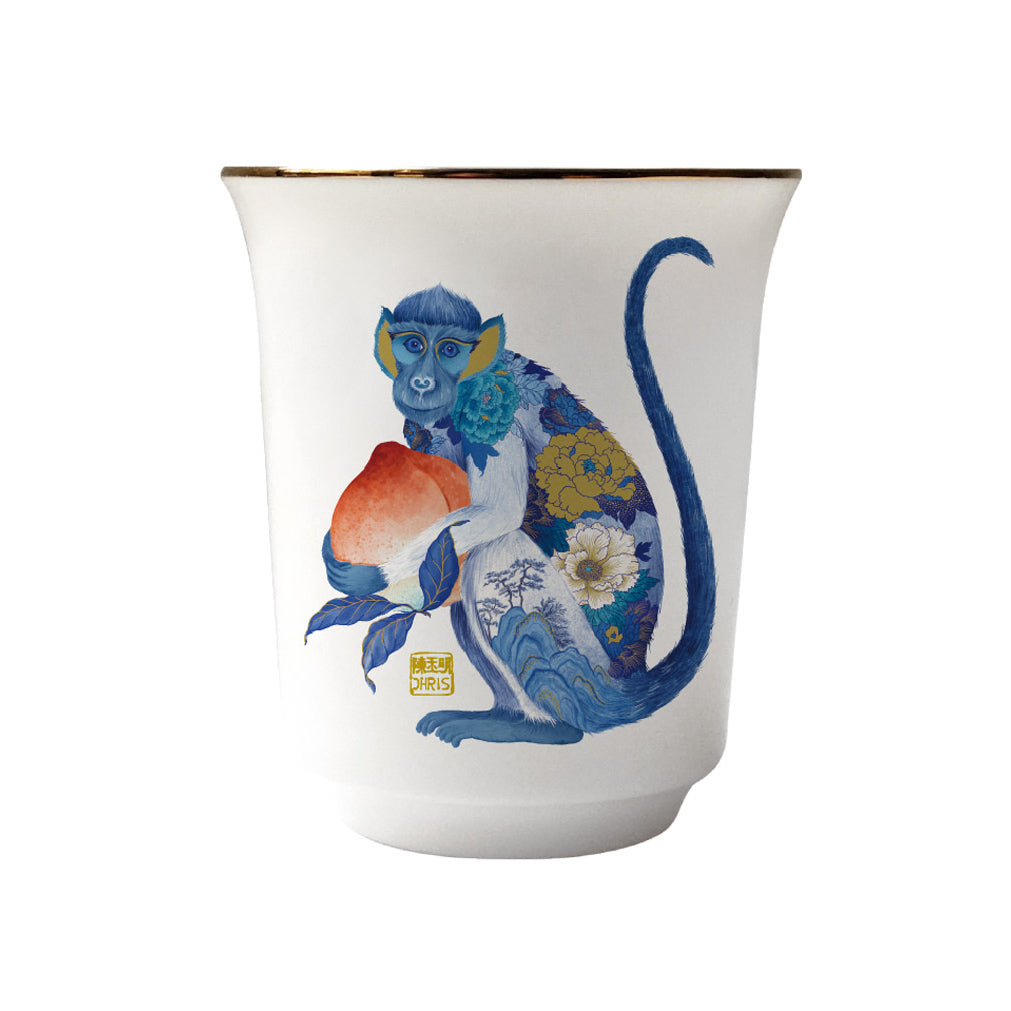 Monkey Chinese Zodiac Tea Cup by Chris Chun, featuring fine bone china, 24K gold details, subtle embossed designs, and premium craftsmanship inspired by the National Palace Museum in Taipei.