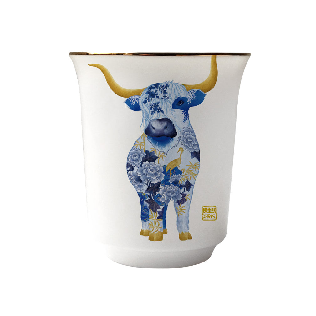 Ox Chinese Zodiac Tea Cup by Chris Chun, featuring fine bone china, 24K gold details, subtle embossed designs, and premium craftsmanship inspired by the National Palace Museum in Taipei.