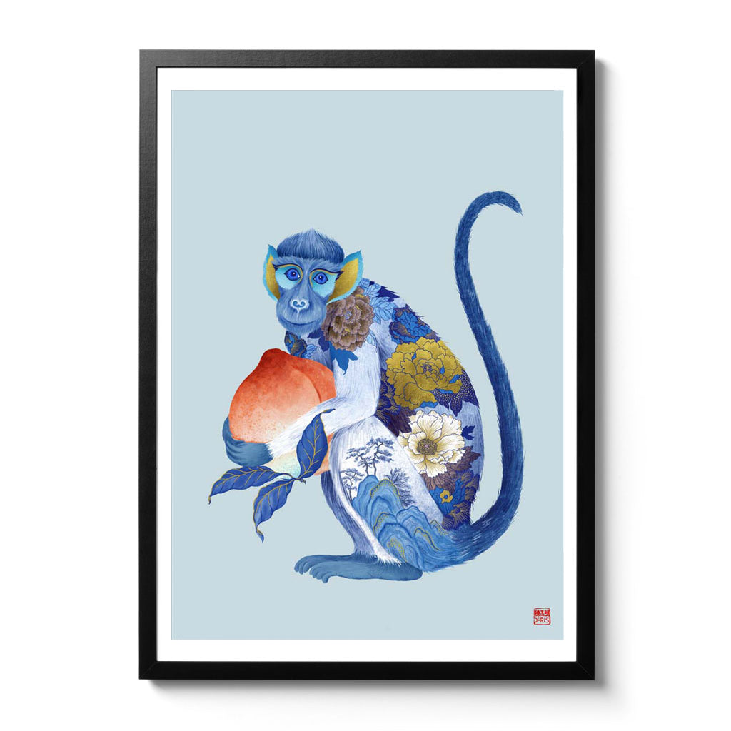 Chinese Zodiac Monkey Art Print by Chris Chun, featuring a blue and gold monkey holding a peach, symbolizing creativity and good fortune.