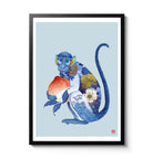 Chinese Zodiac Monkey Art Print by Chris Chun, featuring a blue and gold monkey holding a peach, symbolizing creativity and good fortune.