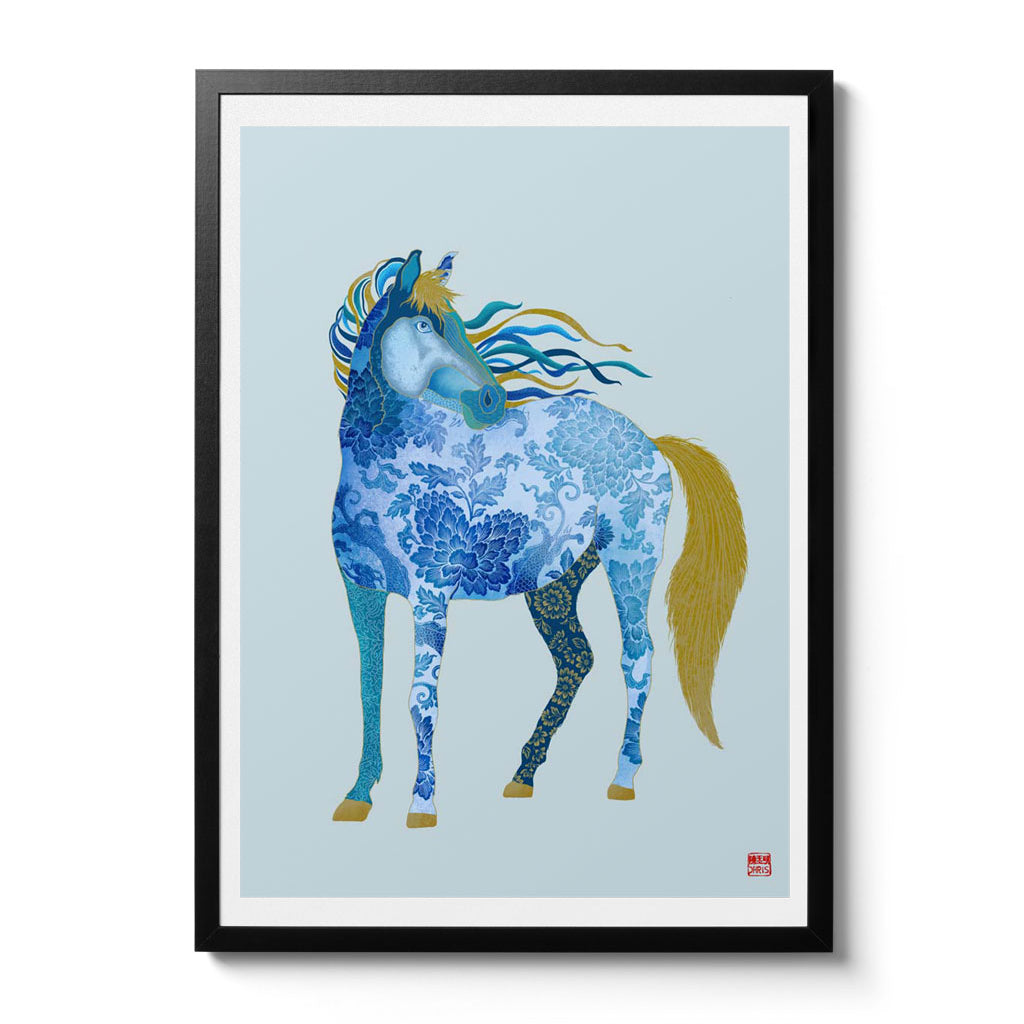 Chinese Zodiac Horse Art Print by Chris Chun, featuring a blue and gold patterned horse symbolizing freedom, vitality, and success.