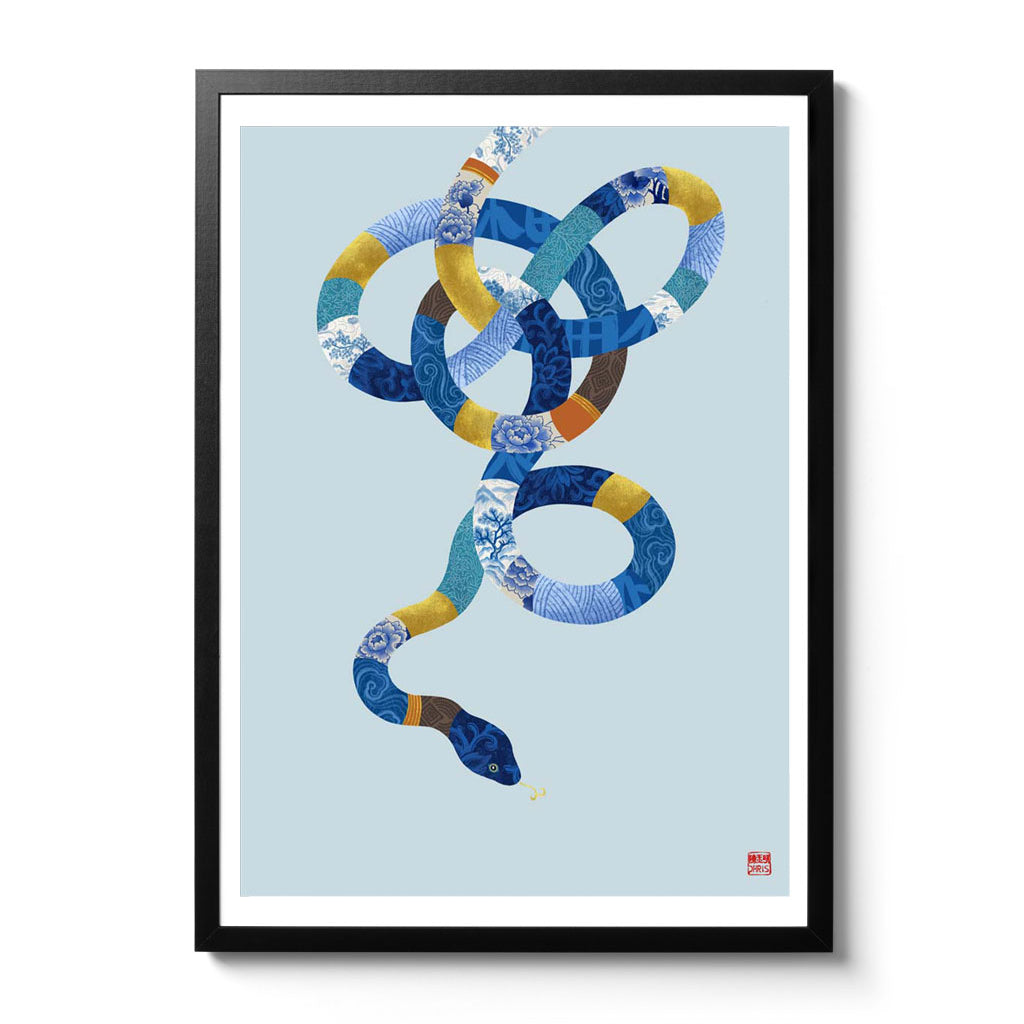 Chinese Zodiac Snake Art Print by Chris Chun, depicting a gracefully coiled snake adorned with blue and gold patterns, representing intelligence and grace.