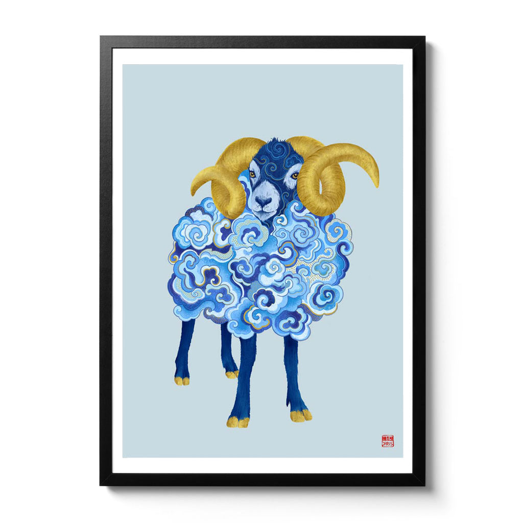 Chinese Zodiac Sheep Art Print by Chris Chun, with intricate blue and gold swirls, symbolizing nurturing energy, peace, and artistic spirit.