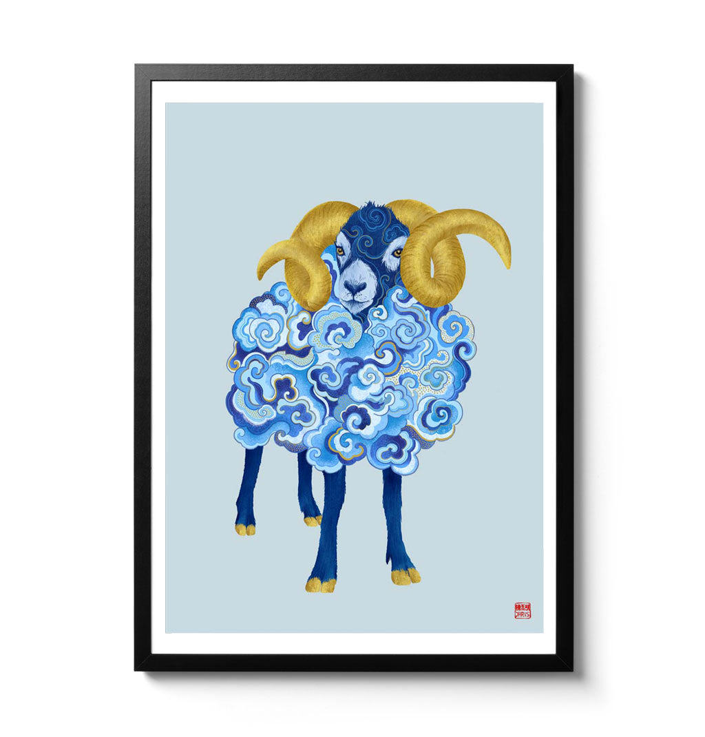 Chinese Zodiac Sheep Art Print by Chris Chun, with intricate blue and gold swirls, symbolizing nurturing energy, peace, and artistic spirit.
