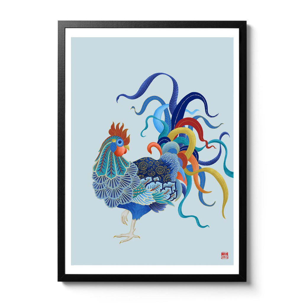 Chinese Zodiac Rooster Art Print by Chris Chun, showing a rooster with detailed blue, red, and gold patterns, symbolizing charm, focus, and positivity.