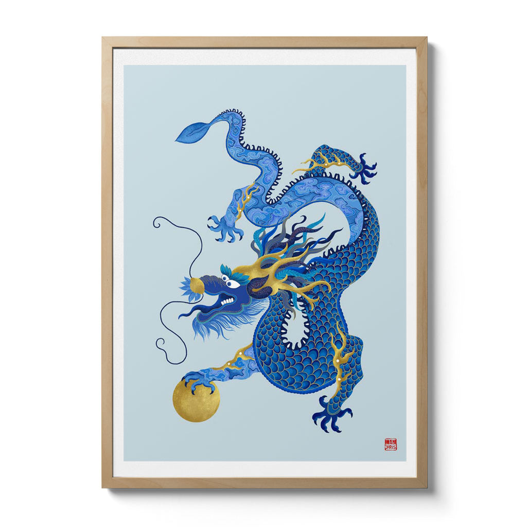 Chinese Zodiac Dragon Art Print by Chris Chun, showcasing a blue and gold dragon with intricate scales and patterns, holding a golden orb, symbolizing power, luck, and wisdom.