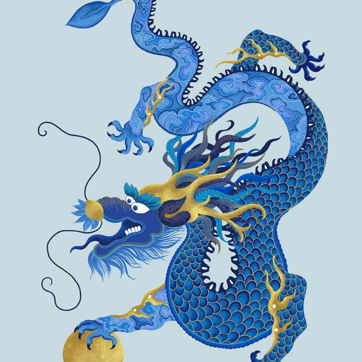 Chinese Zodiac Dragon Art Print by Chris Chun, showcasing a blue and gold dragon with intricate scales and patterns, holding a golden orb, symbolizing power, luck, and wisdom.