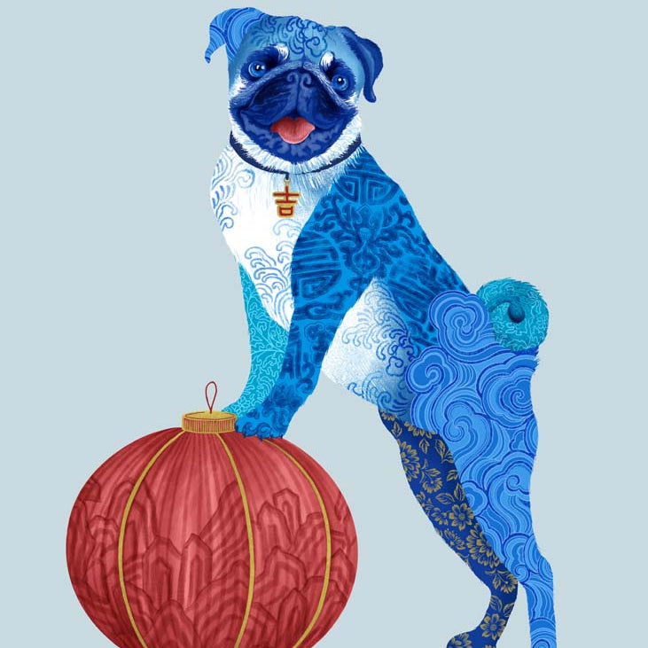 Chinese Zodiac Dog Art Print by Chris Chun, featuring a blue patterned dog with a red lantern, symbolizing loyalty, protection, and positive energy.