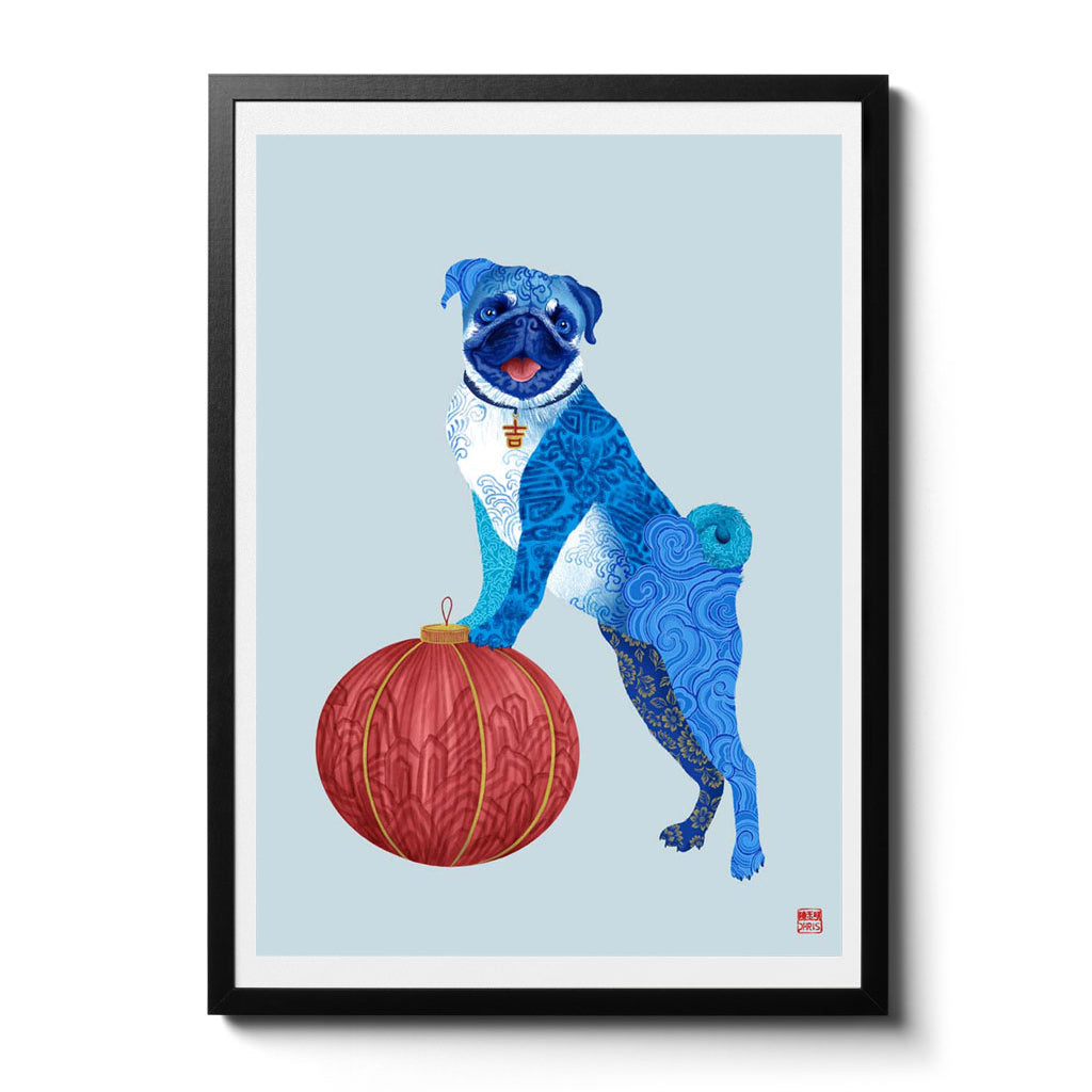 Chinese Zodiac Dog Art Print by Chris Chun, featuring a blue patterned dog with a red lantern, representing loyalty, warmth, and positive energy.