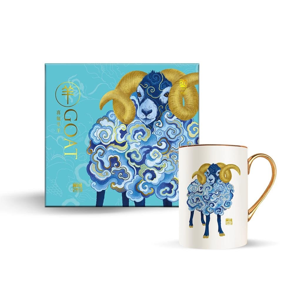 Luxurious Chinese Zodiac 'Sheep' Mug hand embellished with 24K Gold and beautifully packaged in Gift Box. Museum Quality Fine Bone China.