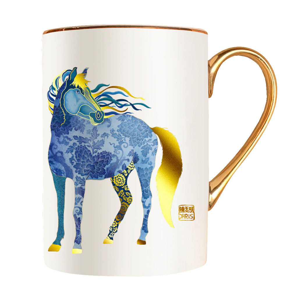 Luxurious Chinese Zodiac 'Horse' Mug hand embellished with 24K Gold and beautifully packaged in Gift Box. Museum Quality Fine Bone China.