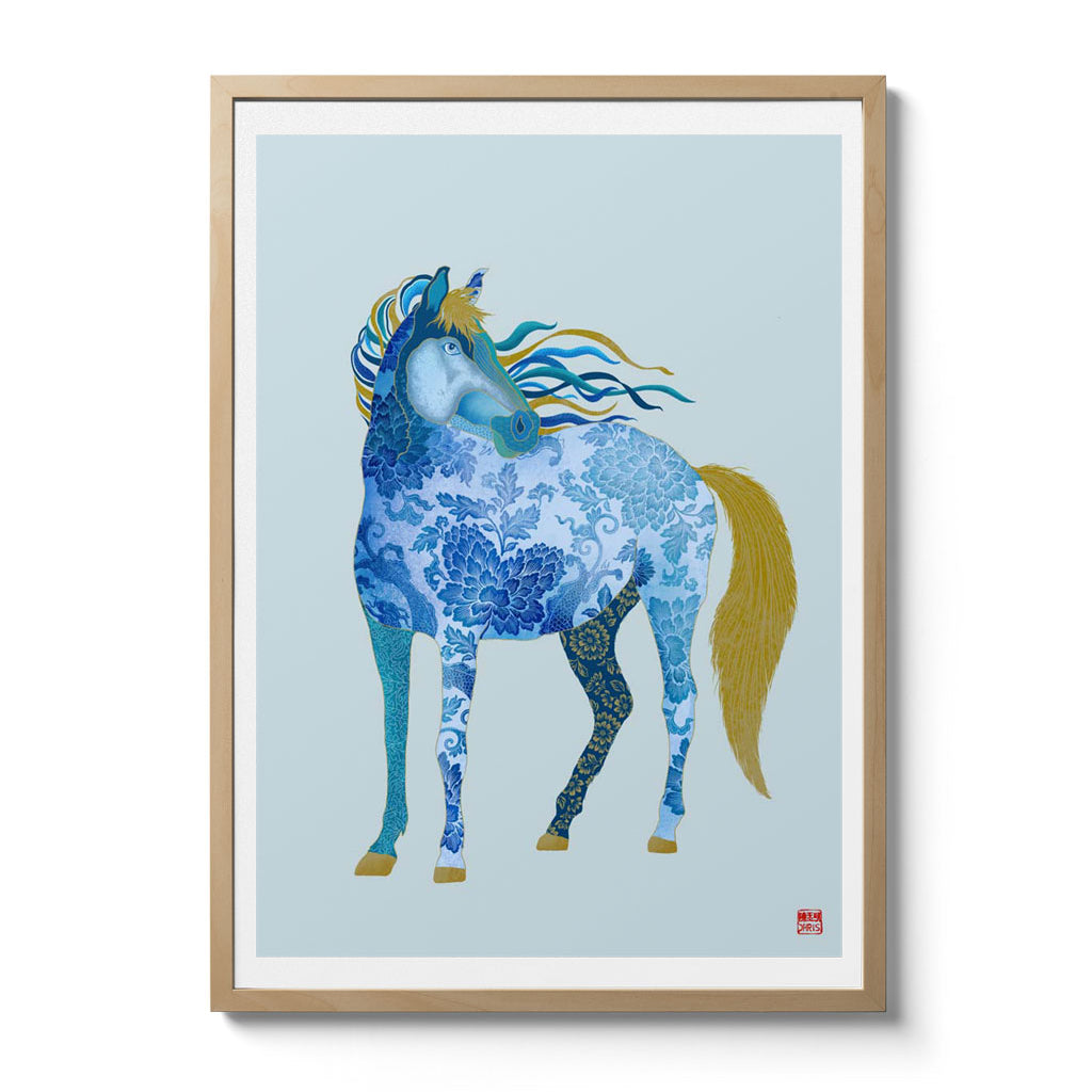 Chinese Zodiac Horse Art Print by Chris Chun, featuring a blue and gold patterned horse symbolizing freedom, vitality, and success.