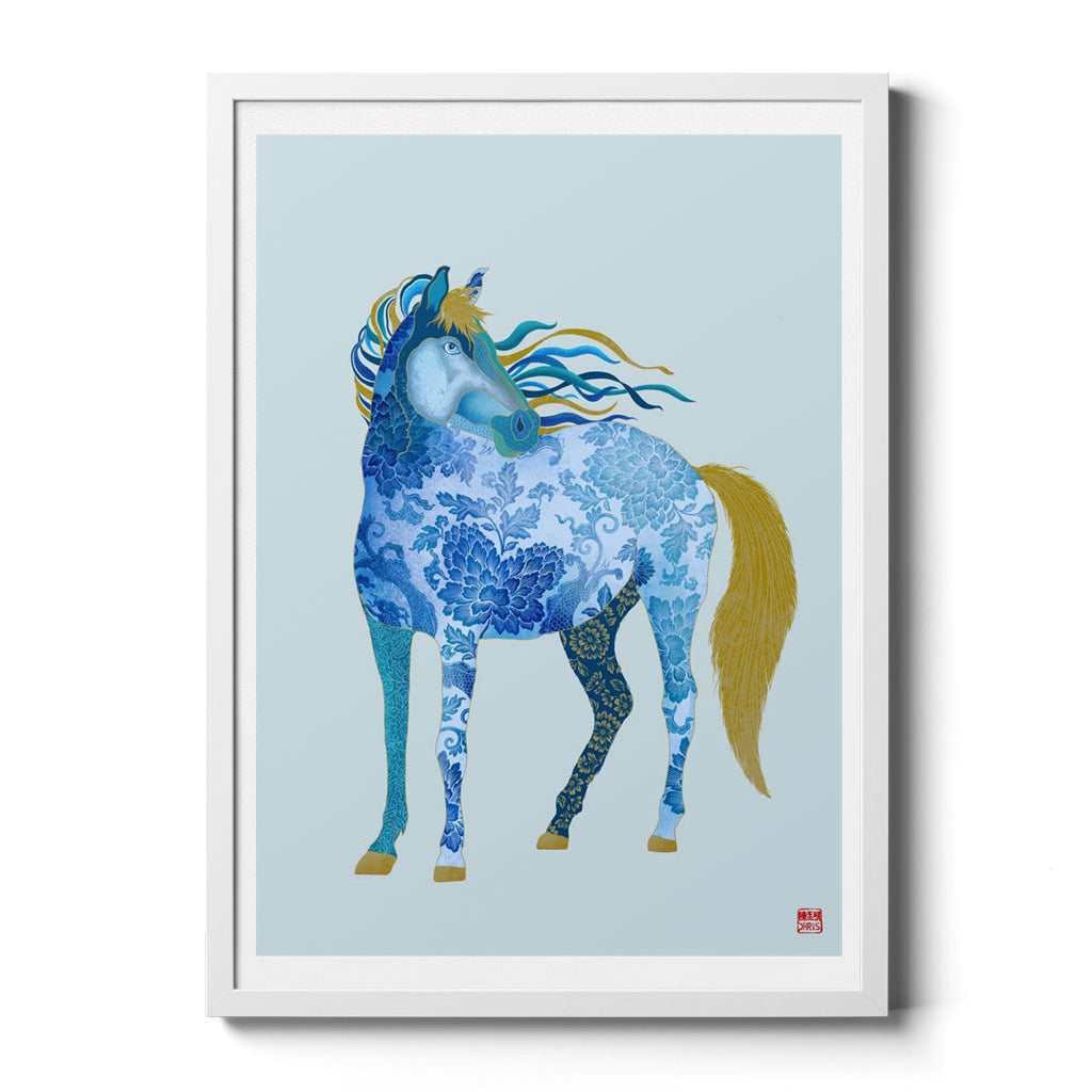 Capture the spirit of adventure with Chris Chun’s Horse Art Print, bringing feng shui energy, positivity, and success into your home with vibrant blue and gold patterns.