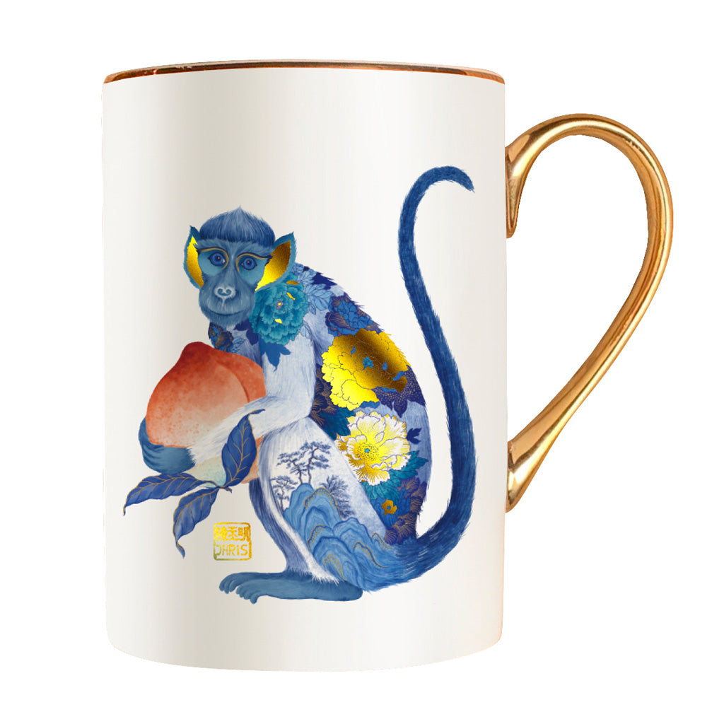 Luxurious Chinese Zodiac 'Monkey' Mug hand embellished with 24K Gold and beautifully packaged in Gift Box. Museum Quality Fine Bone China.