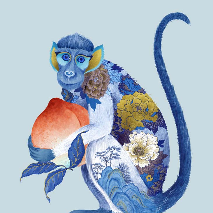 Chinese Zodiac 'Monkey' Art Print by Chris Chun, showing a monkey with blue and gold floral patterns, holding a peach symbolizing luck and charm.