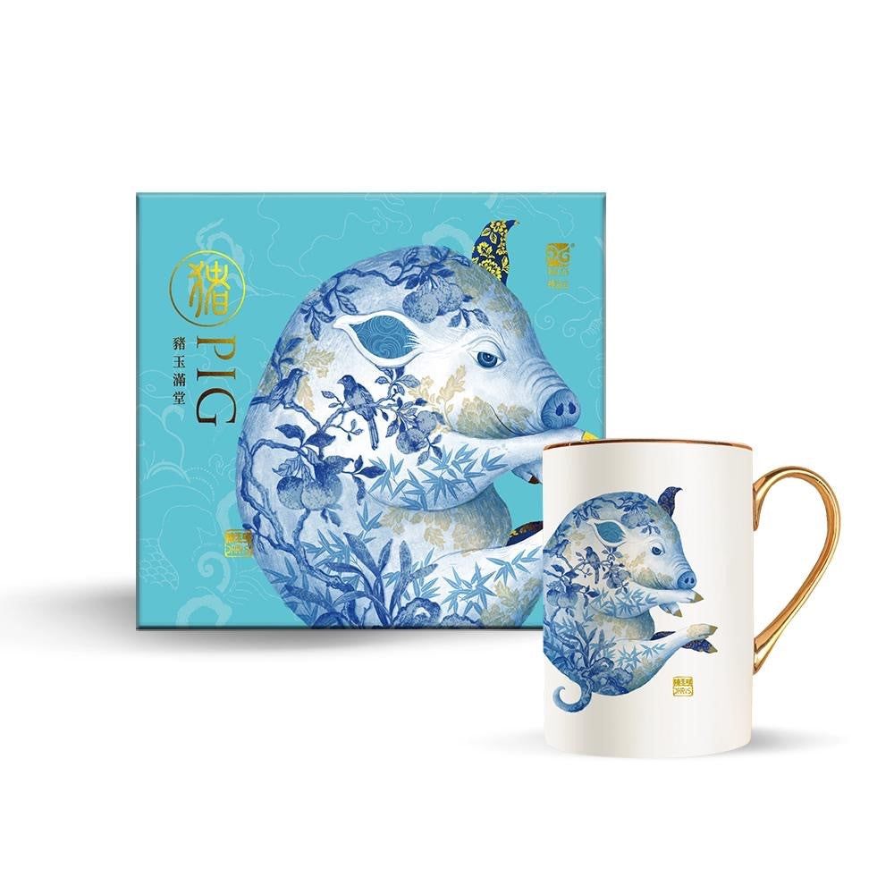 Luxurious Chinese Zodiac 'Pig' Mug hand embellished with 24K Gold and beautifully packaged in Gift Box. Museum Quality Fine Bone China.