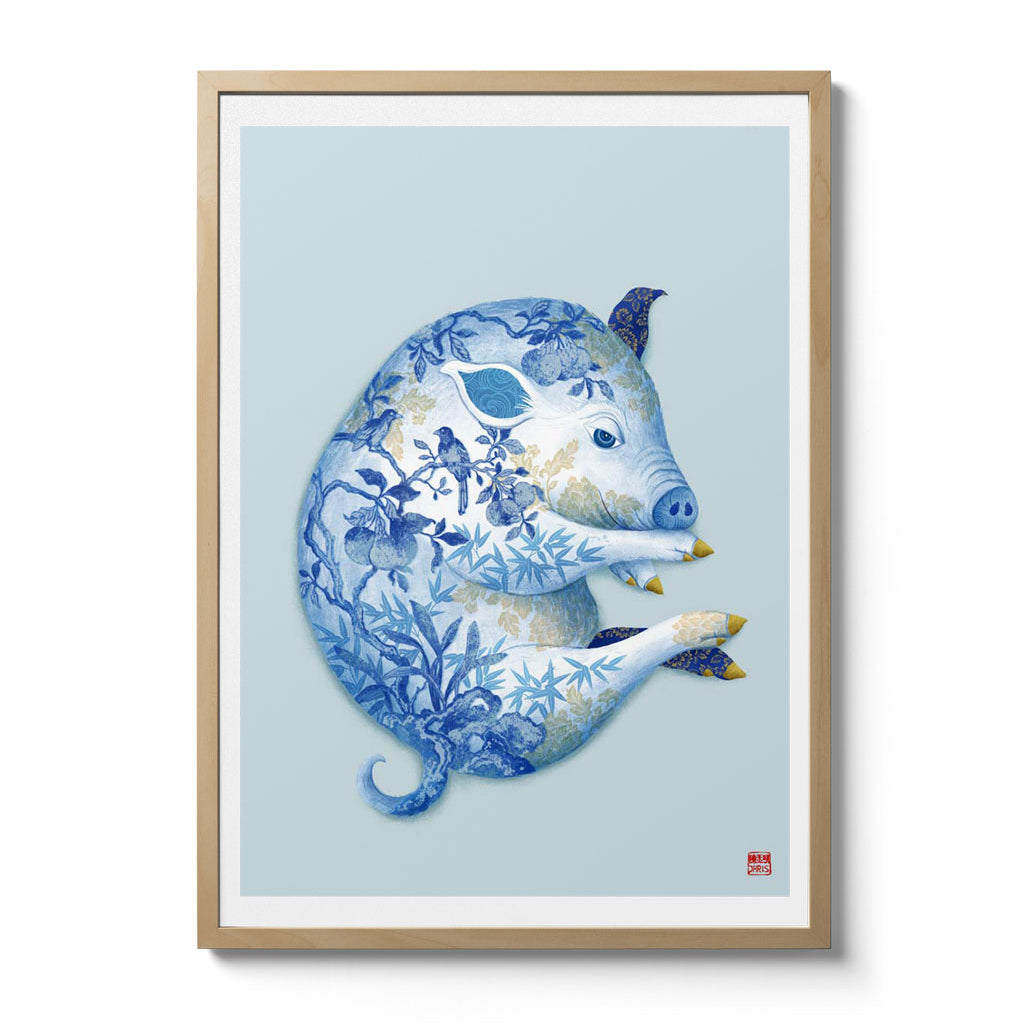 Chinese Zodiac Pig Art Print by Chris Chun, features a blue and white patterned pig, symbolizing abundance, peace, and harmonious energy.