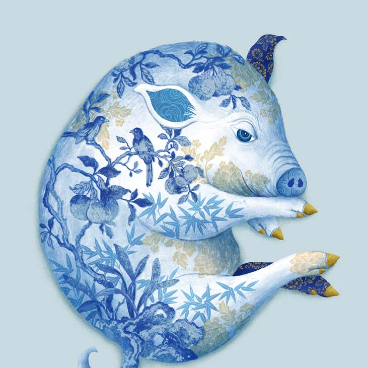 Chinese Zodiac Pig Art Print by Chris Chun, features a blue and white patterned pig, symbolizing abundance, peace, and harmonious energy.