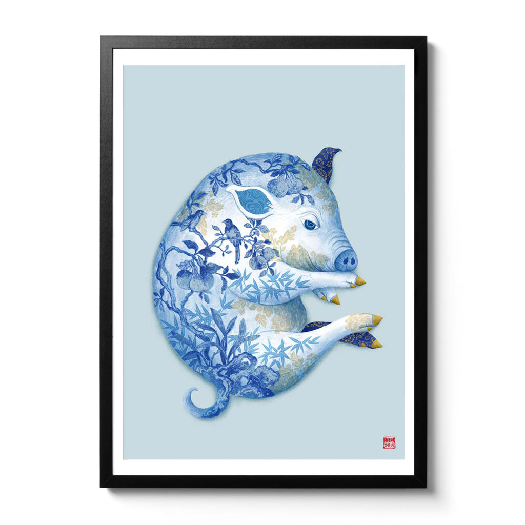 Chinese Zodiac Pig Art Print by Chris Chun, showing a pig with intricate blue floral patterns, representing prosperity, joy, and peaceful energy