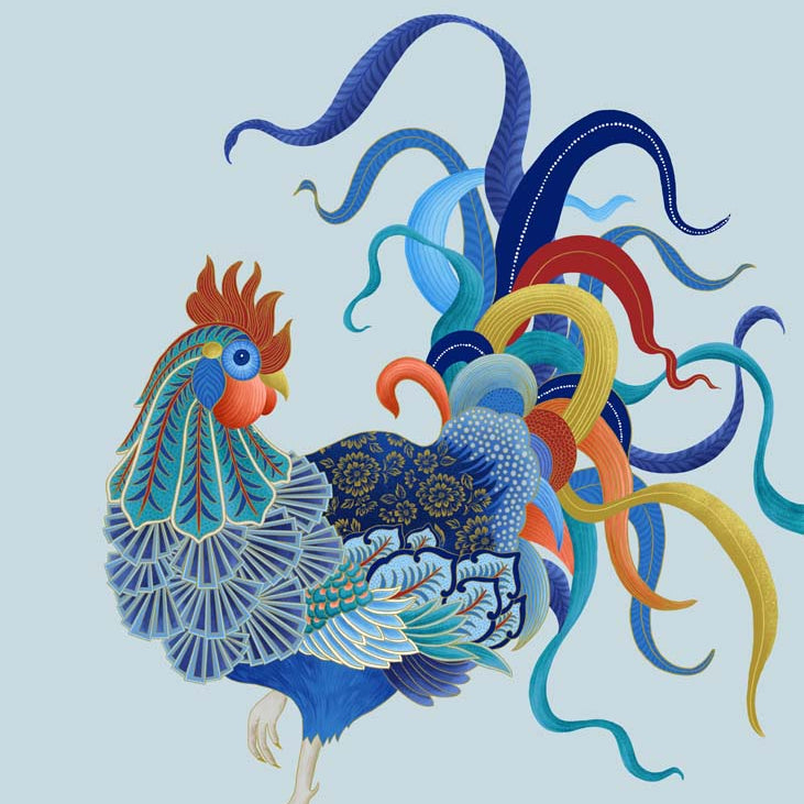 Chinese Zodiac Rooster Art Print by Chris Chun, featuring a colorful rooster with intricate patterns, symbolizing confidence, luck, and clarity