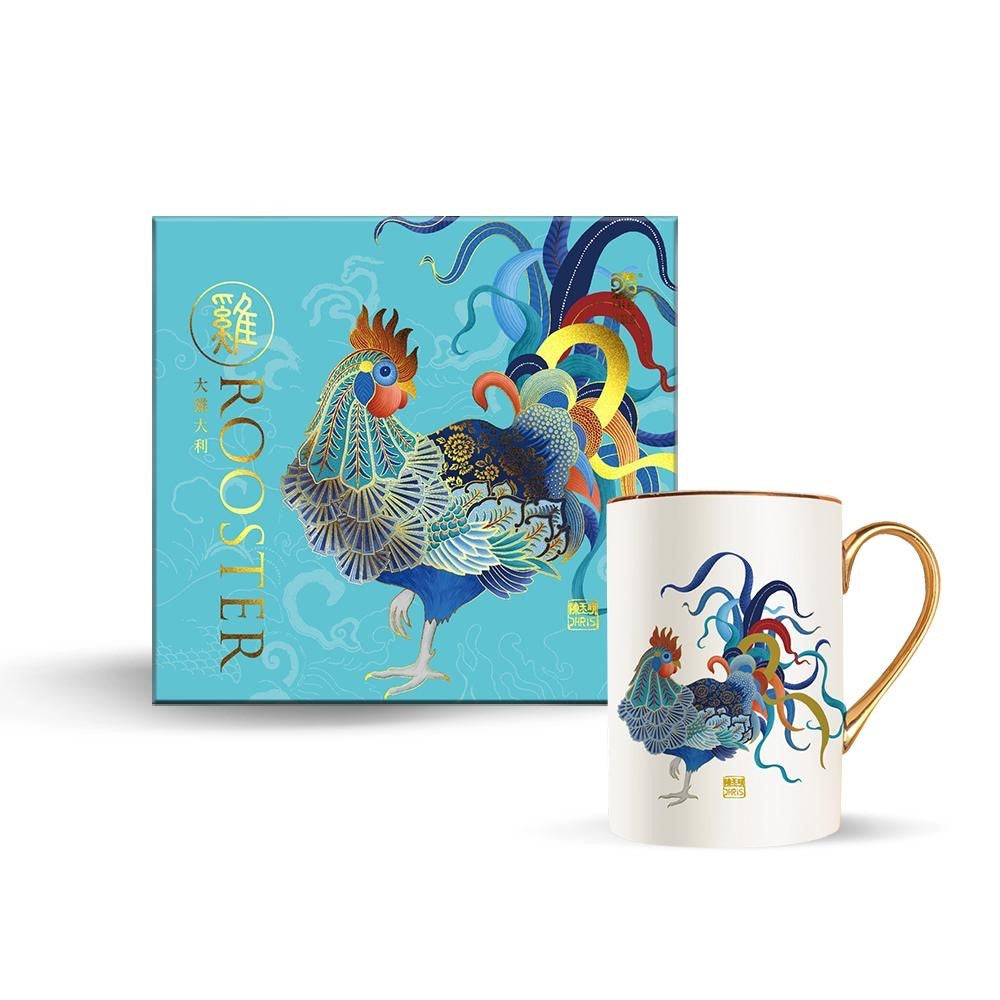 Luxurious Chinese Zodiac 'Rooster' Mug hand embellished with 24K Gold and beautifully packaged in Gift Box. Museum Quality Fine Bone China.