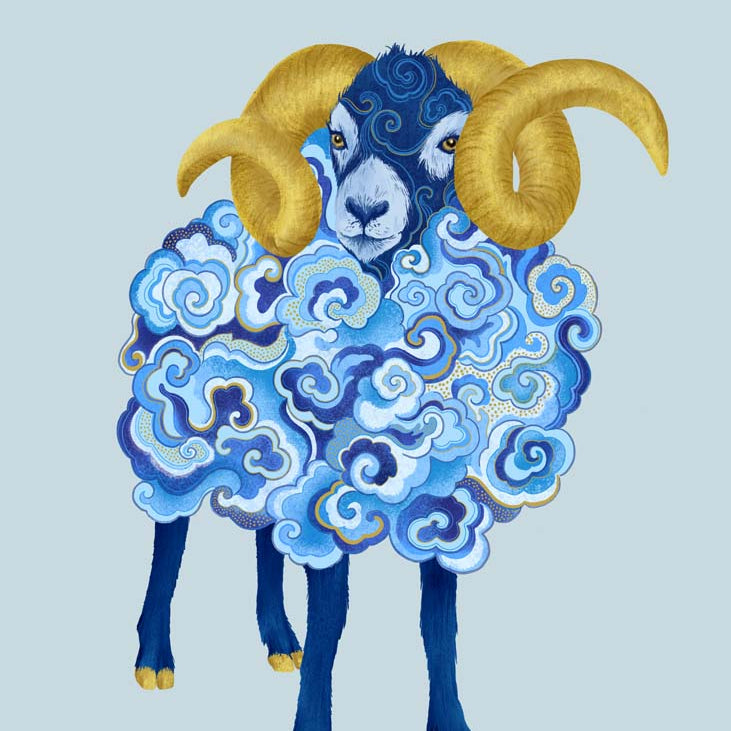 Chinese Zodiac Sheep Art Print by Chris Chun, featuring a sheep in blue and gold patterns, symbolizing harmony, creativity, and peace.