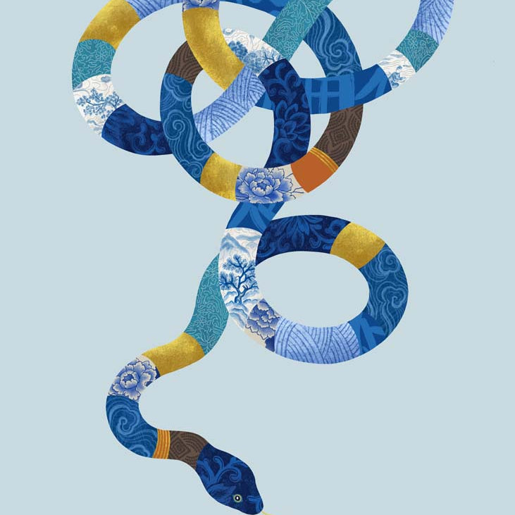 Chinese Zodiac Snake Art Print by Chris Chun, showcasing a blue and gold patterned snake, symbolizing wisdom and prosperity, ideal for adding feng shui balance and intuition to any space.