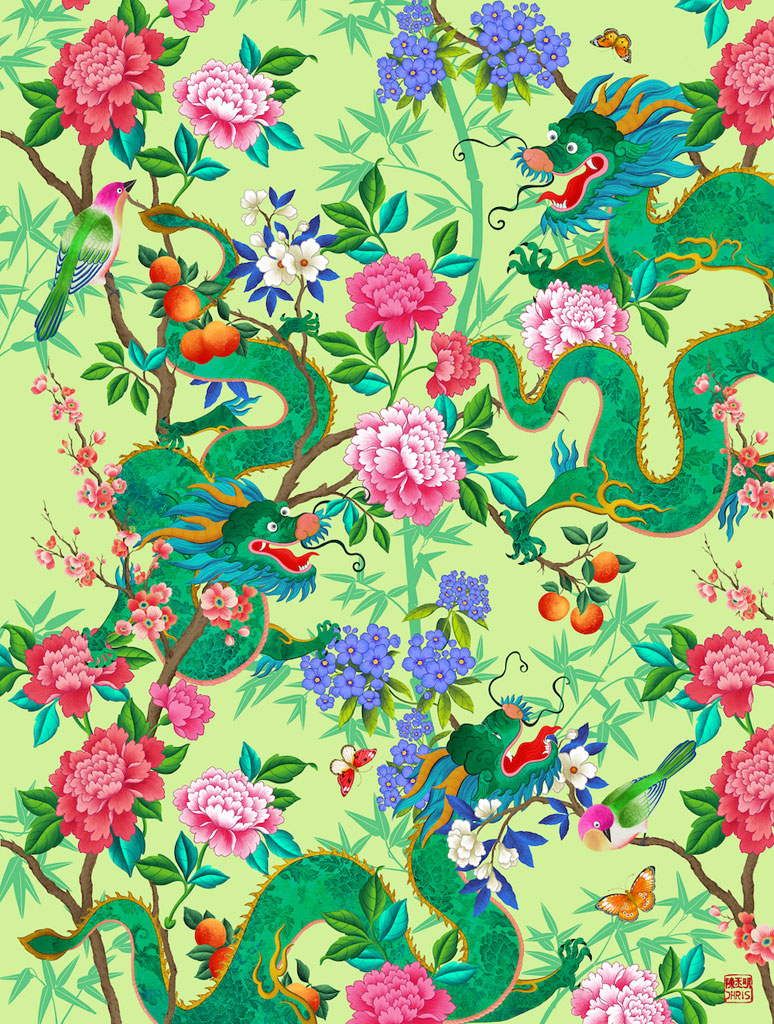 'The Garden of Good Fortune' Green Dragon Print