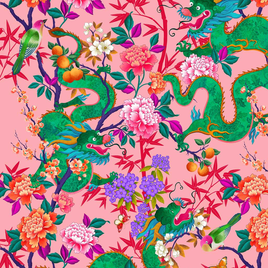 'The Garden of Good Fortune' Pink Chinese Dragon Print.