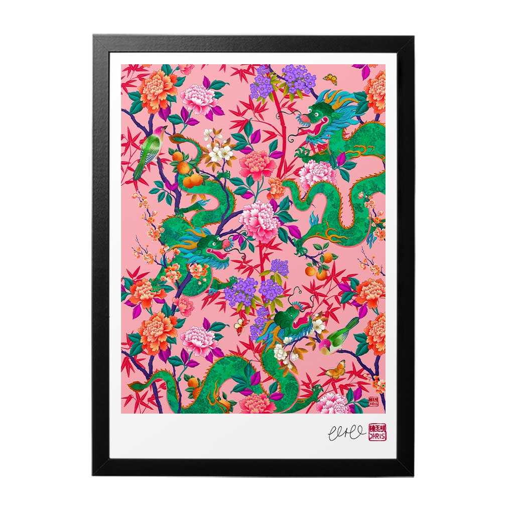 'The Garden of Good Fortune' Pink Chinese Dragon Print.