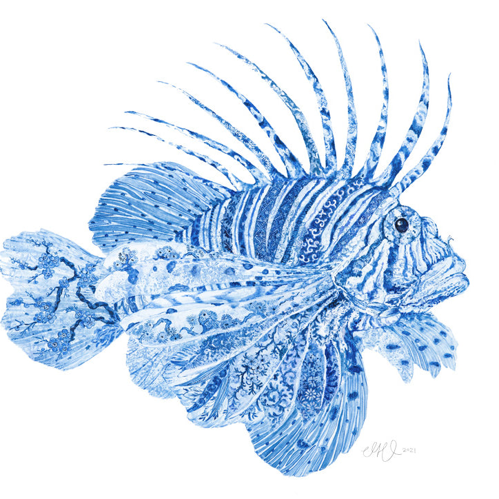 'Little F*cker' Fine Art Print by Artist Chris Chun. Chinoiserie inspired Lionfish.