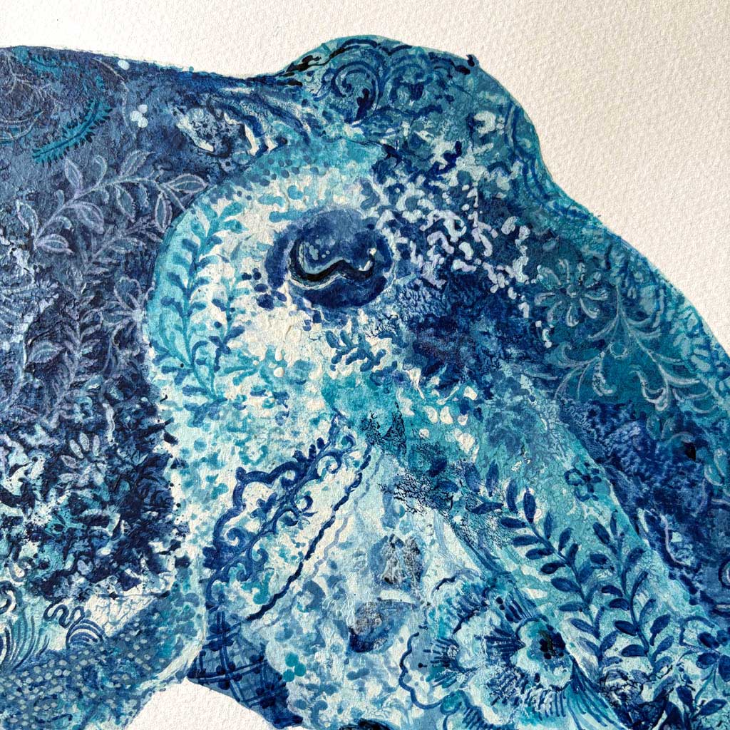 Close-up of a blue and white patterned cuttlefish