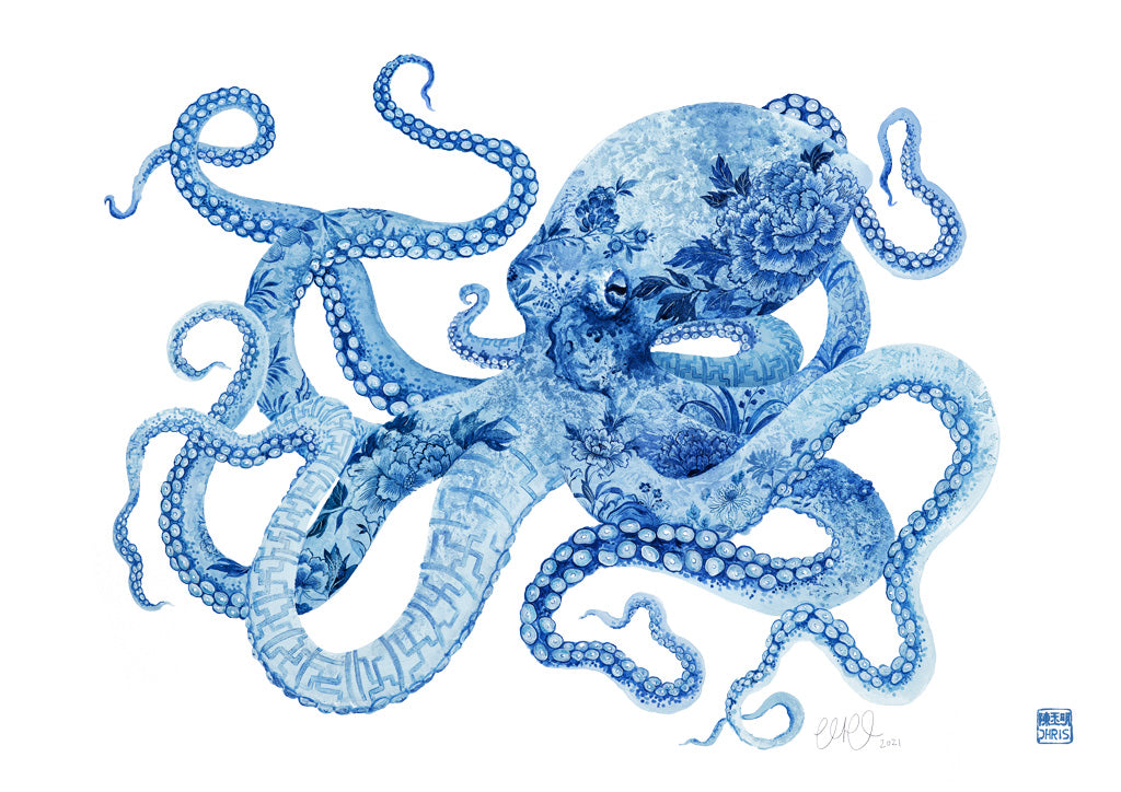 'Professor Peony' Octopus Fine Art Print by Artist Chris Chun.