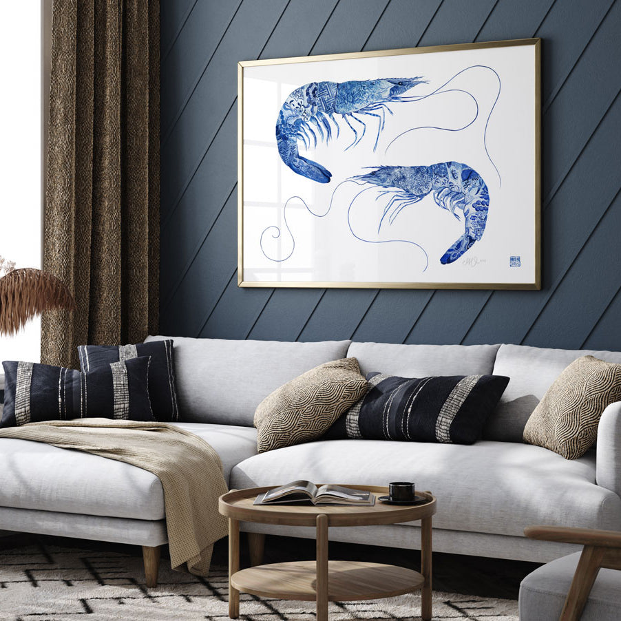 'Tang and Willow' Prawn Framed Fine Art Print by Artist Chris Chun. Shrimp Art