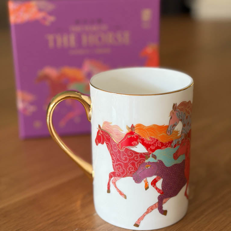 Fine bone china mug with hand-painted 24K gold featuring 8 horses