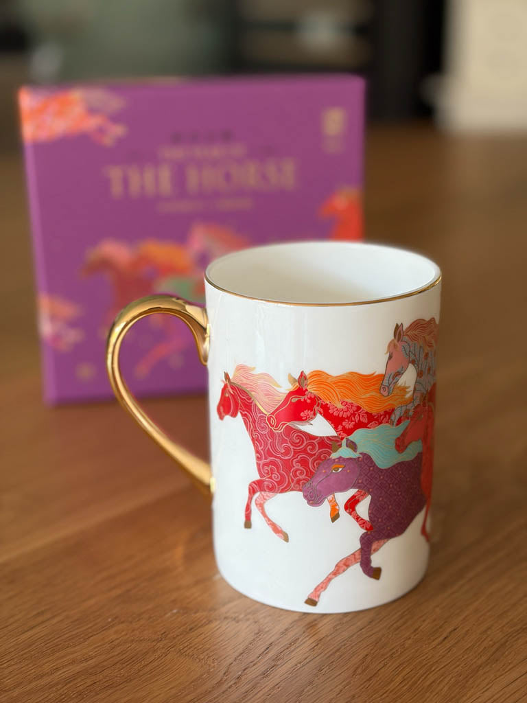 Fine bone china mug with hand-painted 24K gold featuring 8 horses
