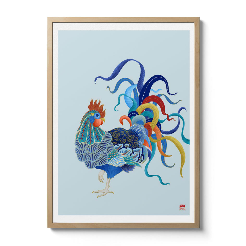 Chinese Zodiac Rooster Art Print by Chris Chun, featuring a colorful rooster with intricate patterns, symbolizing confidence, luck, and clarity