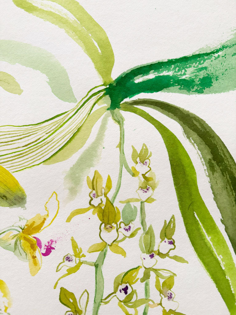 Ink Painting of Green Orchids on Japanese Paper