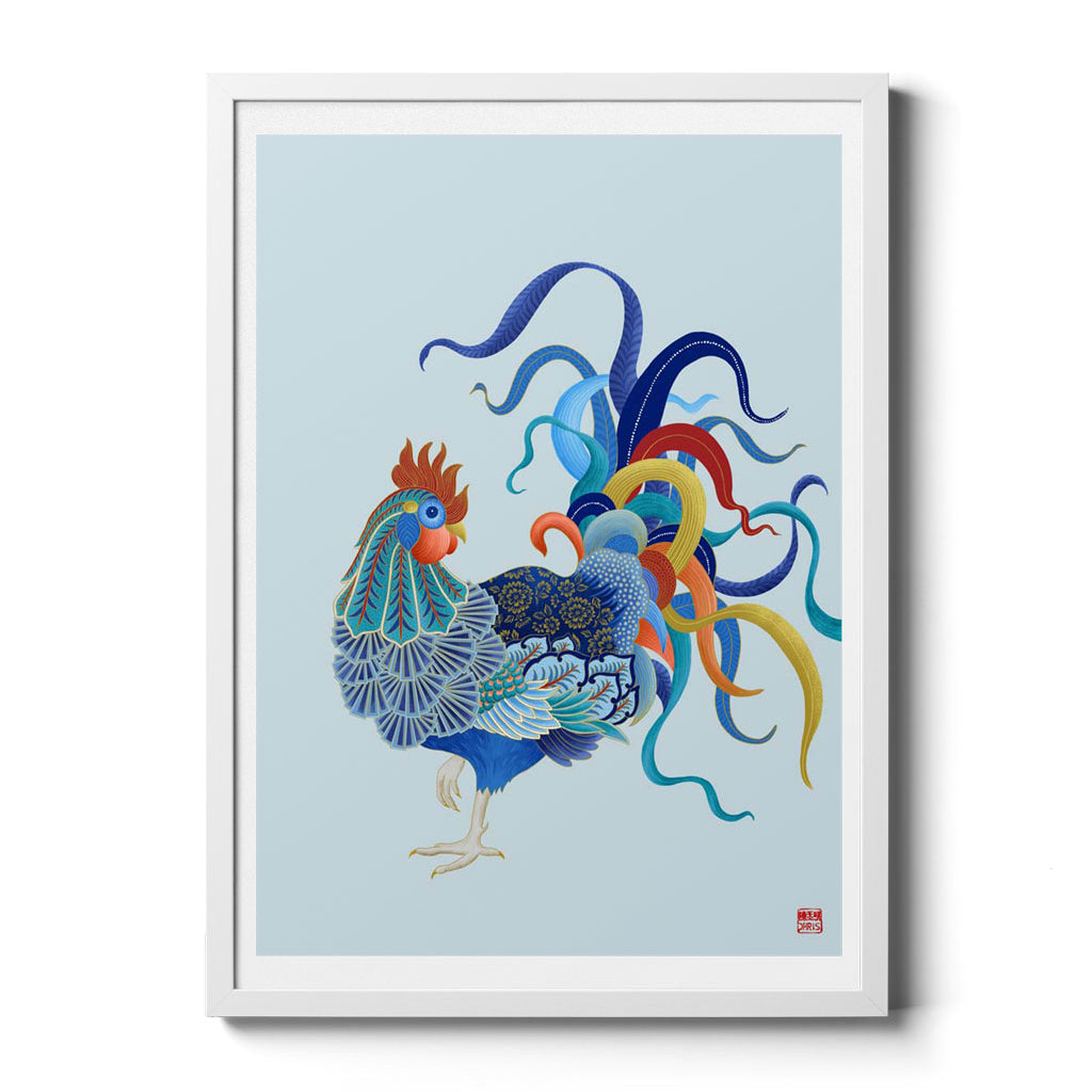 Chinese Zodiac Rooster Art Print by Chris Chun, showing a rooster with detailed blue, red, and gold patterns, symbolizing charm, focus, and positivity.