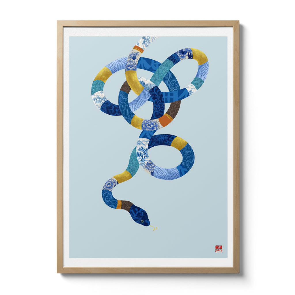 Chinese Zodiac Snake Art Print by Chris Chun, showcasing a blue and gold patterned snake, symbolizing wisdom and prosperity, ideal for adding feng shui balance and intuition to any space.