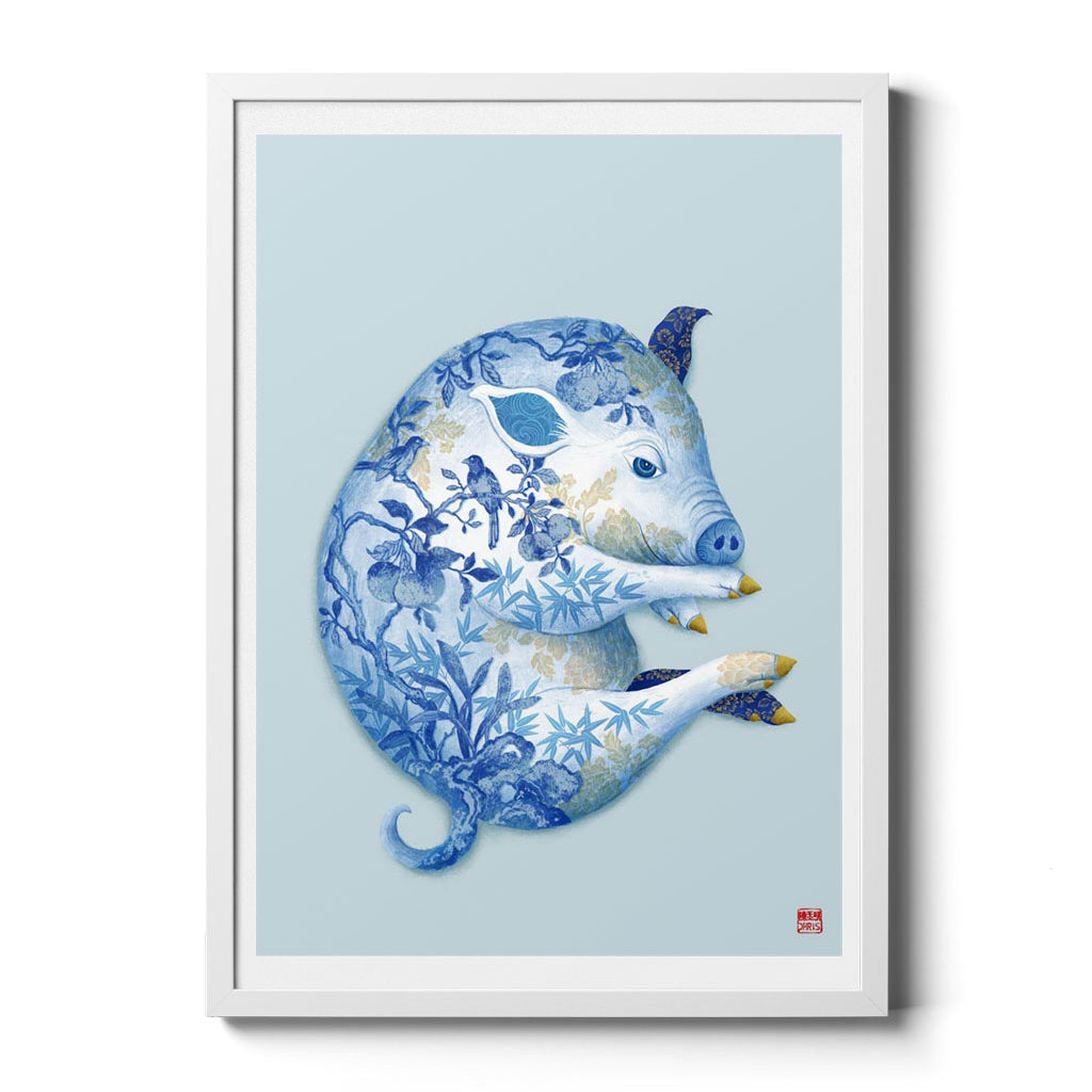 Chinese Zodiac Pig Art Print by Chris Chun, showing a pig with intricate blue floral patterns, representing prosperity, joy, and peaceful energy
