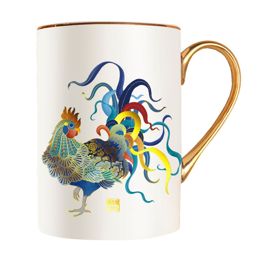 Luxurious Chinese Zodiac 'Rooster' Mug hand embellished with 24K Gold and beautifully packaged in Gift Box. Museum Quality Fine Bone China.