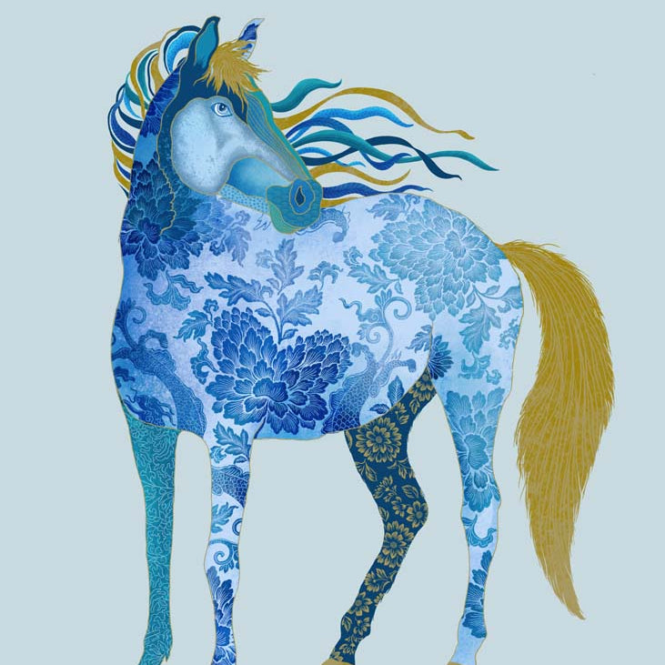 Capture the spirit of adventure with Chris Chun’s Horse Art Print, bringing feng shui energy, positivity, and success into your home with vibrant blue and gold patterns.