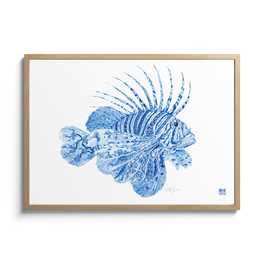 'Little F*cker' Fine Art Print by Artist Chris Chun. Chinoiserie inspired Lionfish. Oak Frame