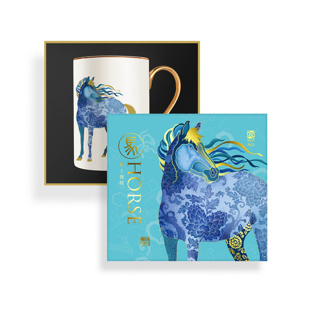 Luxurious Chinese Zodiac 'Horse' Mug hand embellished with 24K Gold and beautifully packaged in Gift Box. Museum Quality Fine Bone China.