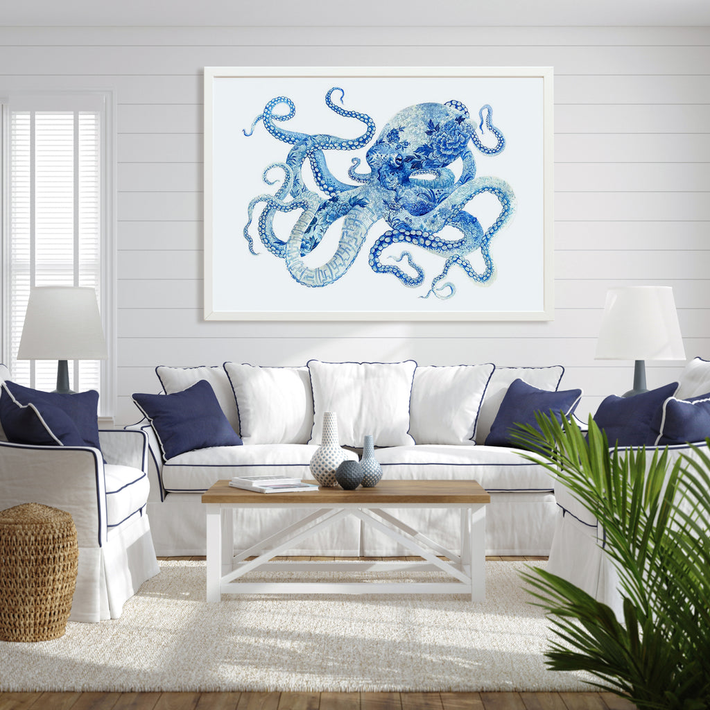 'Professor Peony' Octopus Framed Fine Art Print by Artist Chris Chun. Coastal Chinoiserie Chic