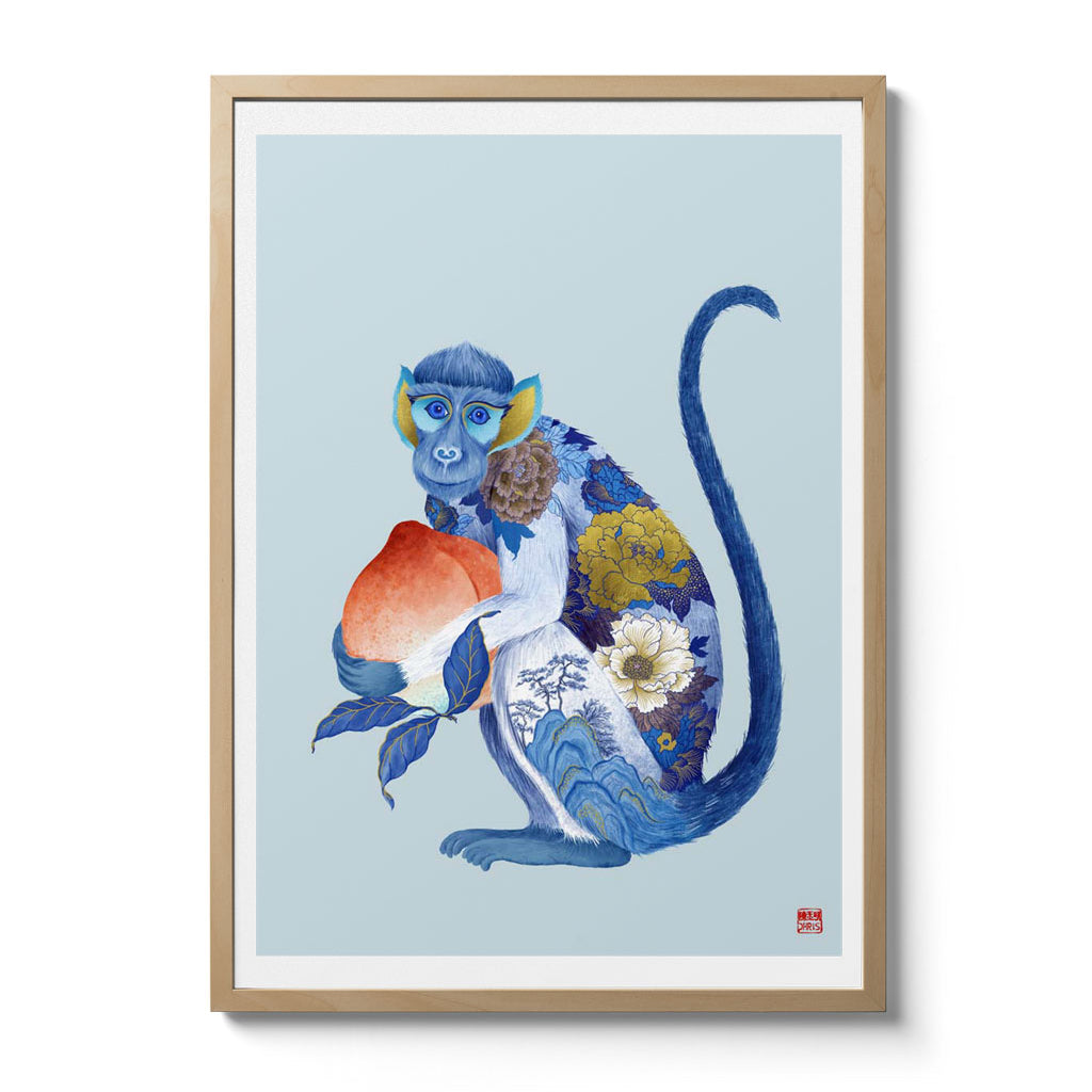 Chinese Zodiac 'Monkey' Art Print by Chris Chun, showing a monkey with blue and gold floral patterns, holding a peach symbolizing luck and charm.