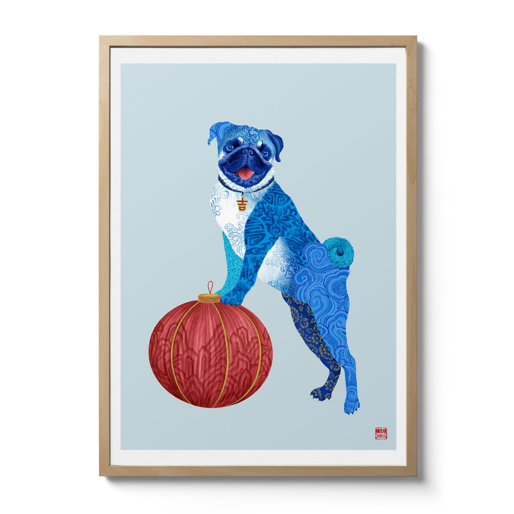 Chinese Zodiac Dog Art Print by Chris Chun, featuring a blue patterned dog with a red lantern, symbolizing loyalty, protection, and positive energy.