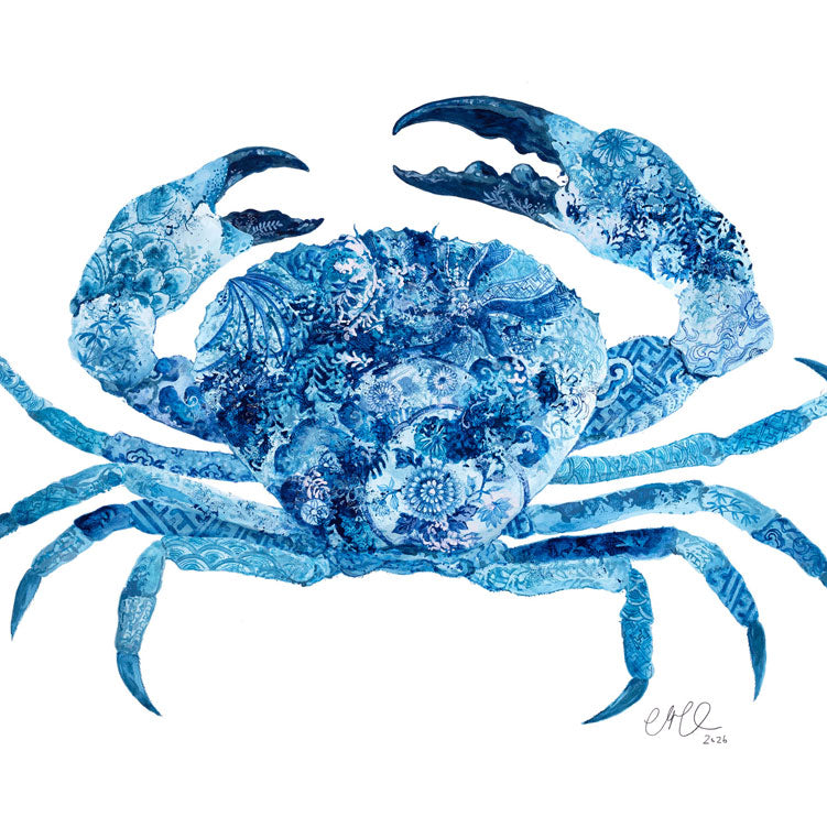 Blue crab painting on a white background
