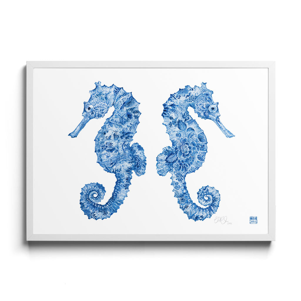 'The Delft Brothers' Seahorse Framed Fine Art Print by Artist Chris Chun. White Frame